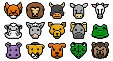 Animal icons set cartoon illustrations of various animal faces