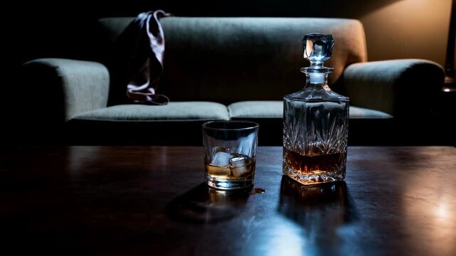 A crystal decanter and a glass of whiskey sit on a table in a dark, empty room, with a discarded tie on the sofa, creating a scene of loneliness, stress, and alcohol abuse
