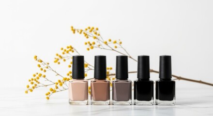 A row of five nail polish bottles in various neutral shades, including nude, beige, grey, and black, with a delicate yellow floral branch behind them, isolated on white background