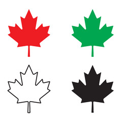 Maple Leaf Icon Set – Stylized Red, Green, Black, and Outlined Leaves in 2x2 Grid for Canadian Graphics, Nature Themes, and Seasonal Design Projects