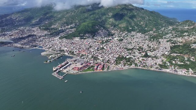 Aerial view of Cap-Haitien cityscape and bay, Haiti, International Port