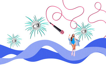 Composite photo collage of happy girl wear swimsuit sing mic hold candy disco ball occasion fireworks relax isolated on painted background