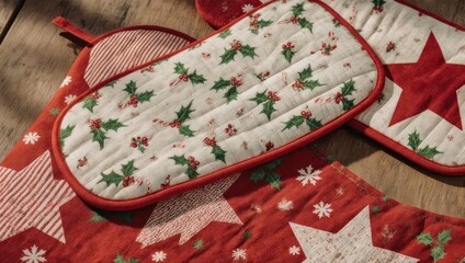 Festive Christmas Kitchen Textiles - Potholders and Table Runner.