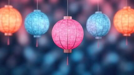 Obraz premium Colorful paper lanterns hang against a soft-focus background, creating a vibrant atmosphere, Ideal for decoration, event promotions, or cultural themes in design projects,