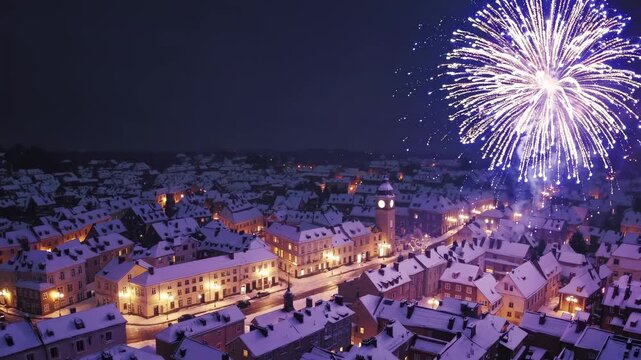 Colorful fireworks light up a peaceful snowy town as the clock strikes midnight. Bright bursts create a festive atmosphere over charming rooftops and streets