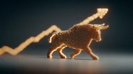 Obraz premium A golden bull stands before a stylized upward-pointing light trail, symbolizing financial growth and prosperity.