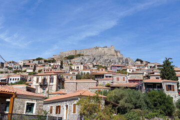 Obraz premium Scenic view of a historic castle on a hill with traditional houses below.