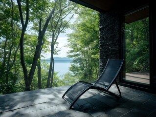 森に囲まれたテラスで湖を望む静寂の中に置かれた一脚のリクライニングチェアと癒しの景色