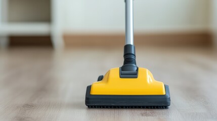 A close-up of a yellow vacuum cleaner head on wooden flooring, highlighting its cleaning power, This image is ideal for articles or ads related to home cleaning, appliance promotions