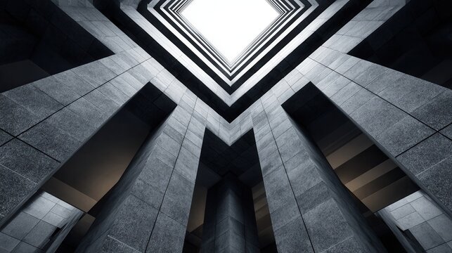 Upward abstract view of geometric architecture with receding square patterns.