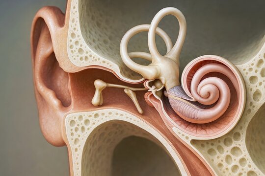 A detailed cross-section of the human inner ear illustrating the intricate anatomy of the ossicles and cochlea