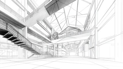 Wireframe Sketch of a Large Modern Building Interior Atrium