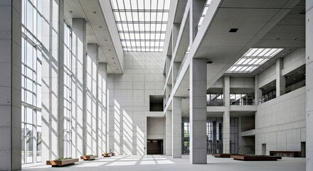 Grand Architectural Interior: The expansive interior of a modern building showcases the interplay of light and shadow. The towering windows invite natural light.