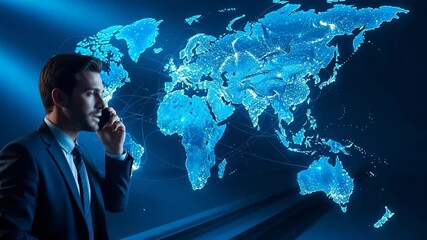 Businessman on phone with global network and world map in the background - Powered by Adobe
