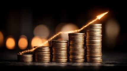 Ascending piles of coins with an upward arrow symbolizing financial growth, metallic gold sheen,