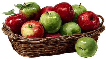 A wicker basket filled with red and green apples in a watercolor realistic illustration is perfect for autumn-themed prints, invitations, and postcards.