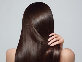 艶やかで滑らかな黒髪を背中まで伸ばした女性の髪を後ろ姿から撮影した美しいヘアケアイメージ