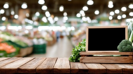 Fresh produce and blank chalkboard in a vibrant market setting with blurred background, inviting shoppers to explore seasonal offerings
