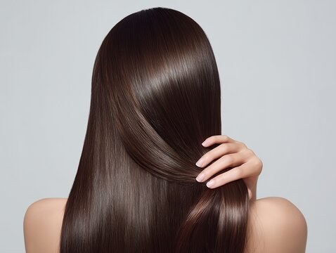 艶やかで滑らかな黒髪を背中まで伸ばした女性の髪を後ろ姿から撮影した美しいヘアケアイメージ