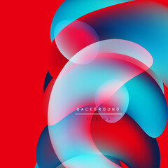 Abstract fluid shapes blend vibrant blues, reds. Overlapping layers create dynamic visual texture. Modern design element for backgrounds.