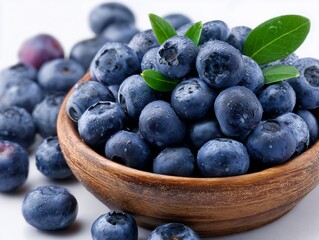 水滴のついた新鮮なブルーベリーが木製ボウルにたっぷり盛られた瑞々しいクローズアップ写真
