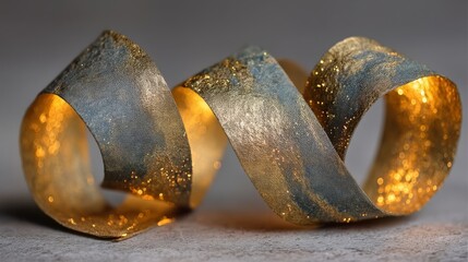 Two intricately twisted metallic structures with uneven textures in gold and brownish grey tones,