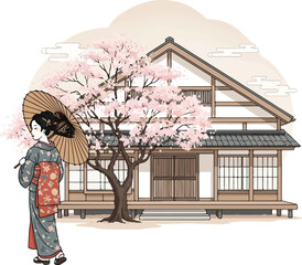 Elegant Japandi style scene with woman in kimono and cherry blossoms for calming interior designs or serene cultural projects and travel inspiration