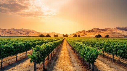 Fototapeta premium Golden hour vineyard scene with neatly arranged grapevines stretching into the distance,