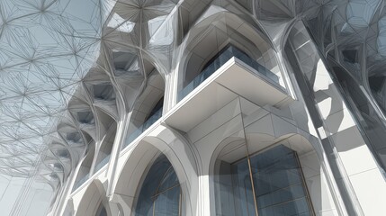 Obraz premium Modern Architectural Design Blending Geometric Forms and Wireframe Elements