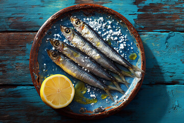 Fresh sardines on a rustic blue ceramic plate sprinkled with coarse sea salt and a lemon half — Mediterranean seafood ready for grilling or serving