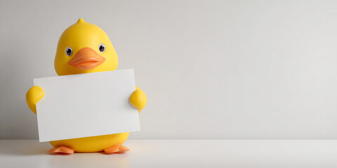 Cute yellow duck holding large blank sign, cheerful expression, minimalistic background, perfect for advertising or announcements