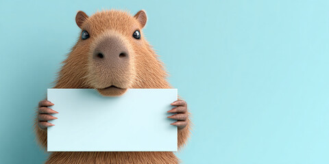 Adorable cartoon capybara holding blank sign against light blue background, exuding cheerful and friendly vibe
