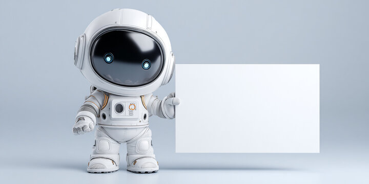 Adorable cartoon astronaut holding blank sign in white space, showcasing playful and imaginative design
