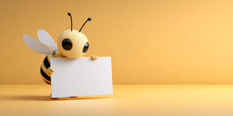 Cute little bee holding empty white card, cheerful expression, bright yellow background, playful design, cartoon style, adorable character
