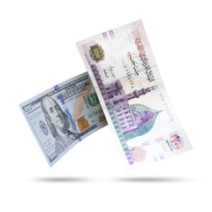 Egyptian 200LE Banknotes and 100$ Flying on a White Background, Currency Exchange Concept, All in Focus