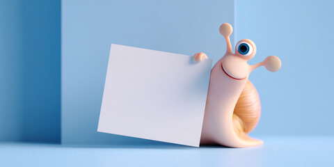 Obraz premium Cute smiling snail holding empty white card against blue background, evoking playful and cheerful atmosphere