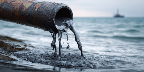 Polluted water flows from rusty pipe into ocean, showcasing environmental impact of industrial waste. scene evokes concern for marine life