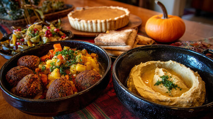 Thanksgiving table with hummus falafel roasted vegetables bread and pumpkin pie showing festive autumn meal harvest celebration seasonal holiday tradition cultural cuisine and cozy homemade food