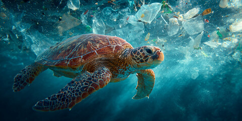 Fototapeta premium Sea turtle swims gracefully through polluted waters filled with plastic debris, highlighting urgent issue of ocean pollution