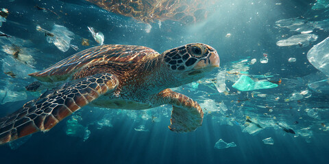 Obraz premium Sea turtle swims gracefully through vibrant underwater scene filled with plastic pollution, highlighting urgent need for environmental awareness