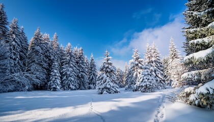 Fototapeta premium A Beautiful Winter Landscape With Snow Covered Trees In A Forest On A Sunny Day With Blue Sky