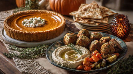 Thanksgiving table with pumpkin pie hummus falafel roasted vegetables and flatbread showing festive autumn meal seasonal celebration harvest tradition cultural cuisine and cozy holiday food