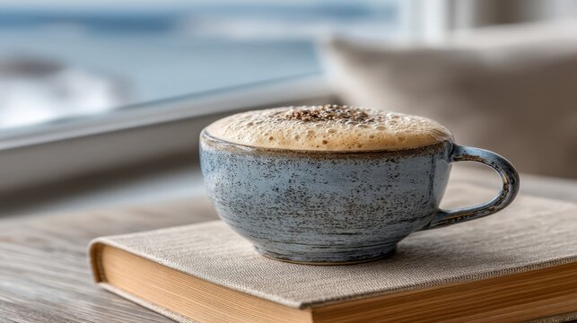 A ceramic cup with frothy topping and ground spices rests on an aged hardcover book,