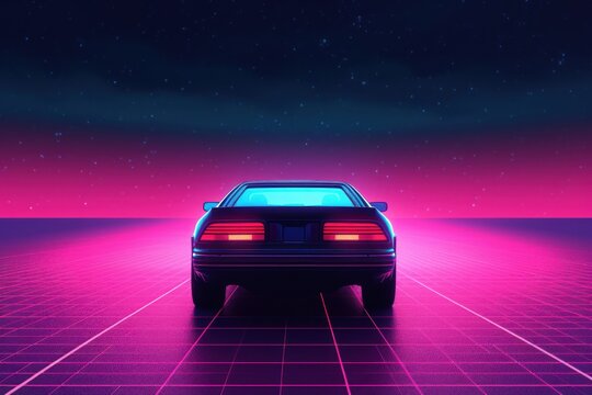 Fototapeta Retrowave car sky vehicle night.