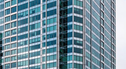Fototapeta premium Urban Facade: An imposing skyscraper stands tall, its glass facade reflecting the sky. A symbol of innovation and progress in the city.