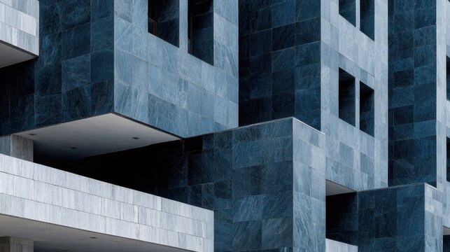 Abstract Geometric Facade of a Modern Building in Dark Blue Marble