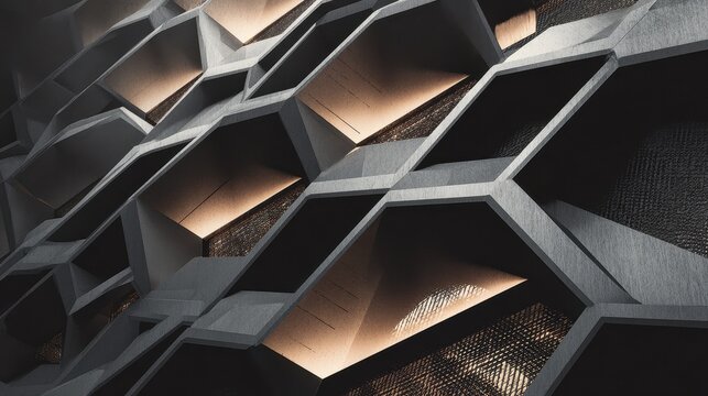 Abstract Hexagonal Geometric Facade with Illuminated Recesses