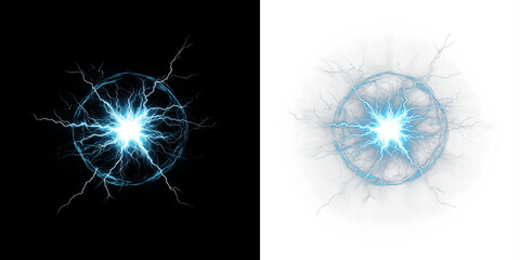 Electric energy sphere with blue lightning bolts radiating from the center, surrounded by a glowing aura, creating a dynamic visual effect for creative projects and designs