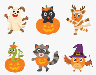Naklejka premium Cute cartoon animals in Halloween costumes with pumpkins and festive decorations