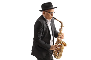 Mature male musician playing a sax
